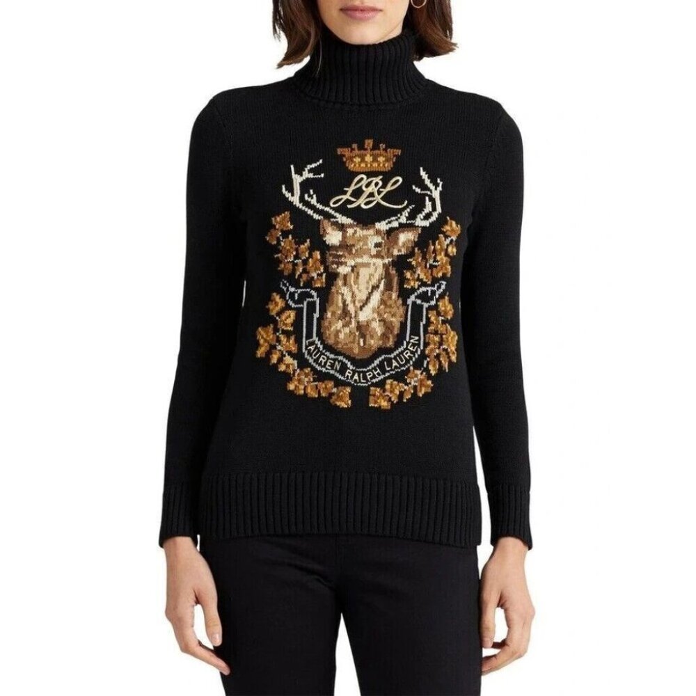 Lauren Ralph Lauren Black Cowl Neck Sweater with Gold and Brown Crest